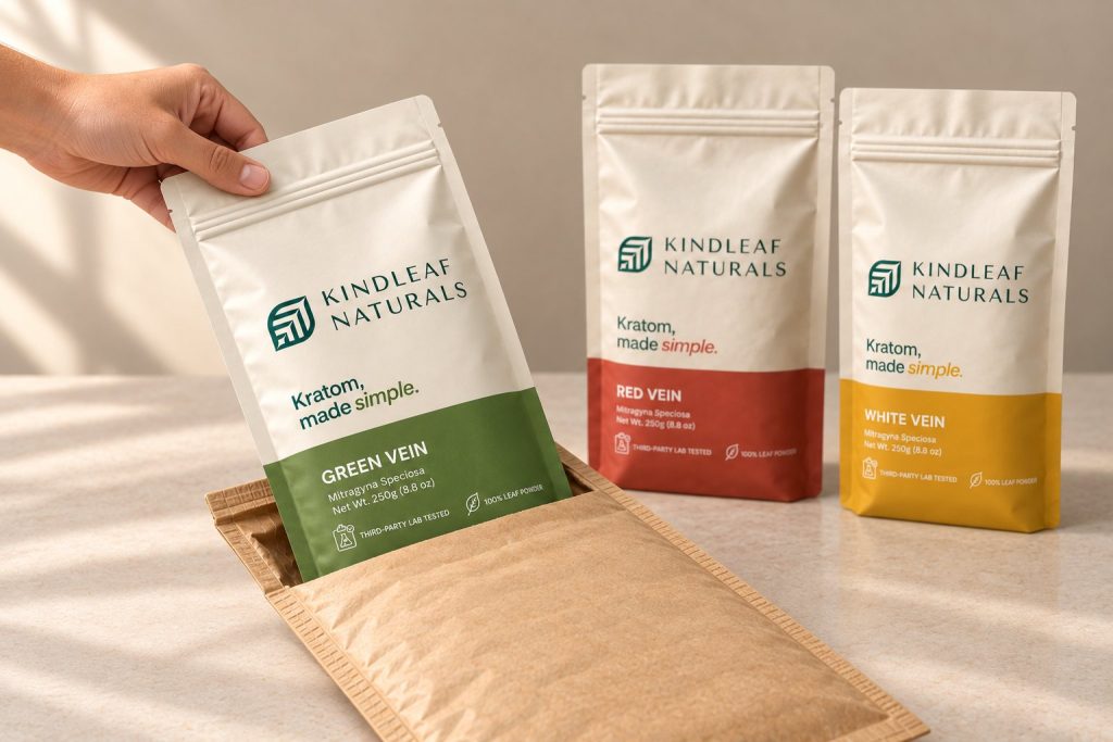 A KindLeaf pouch going into a plain paper mailer